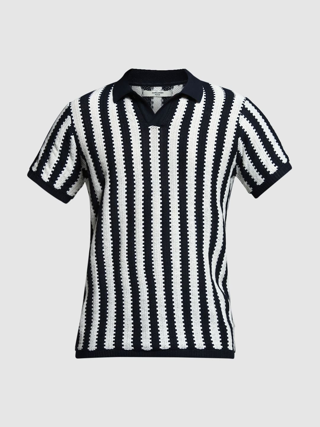 Navy Blue Striped Knitted Cotton Polo