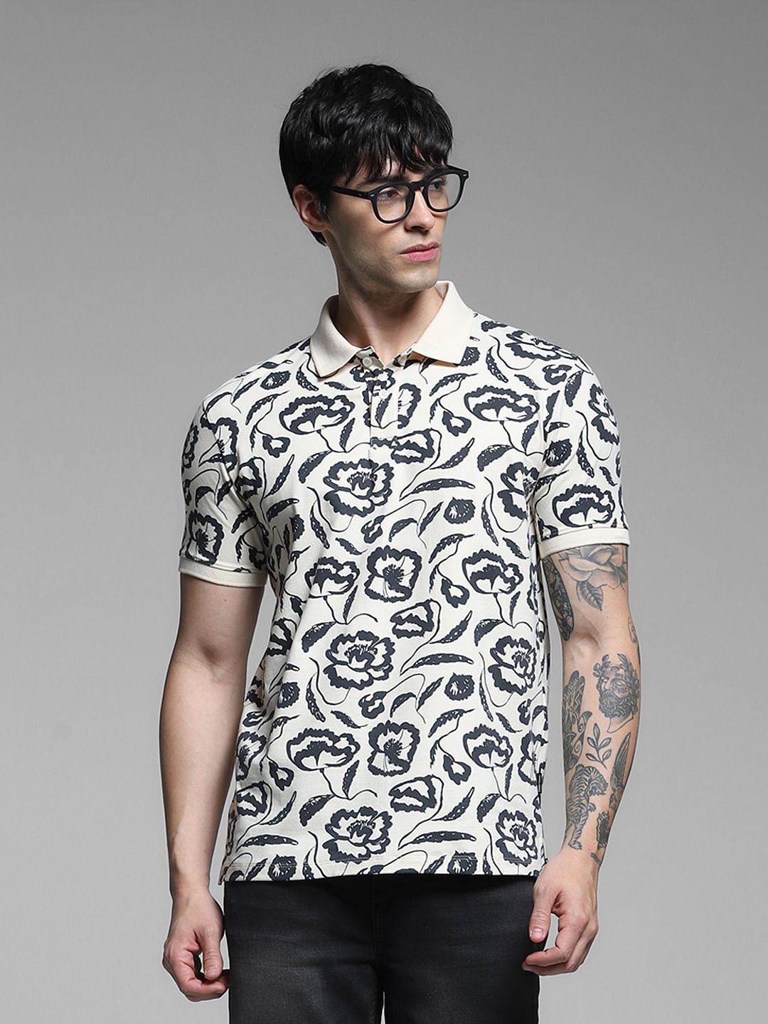 White Abstract Print Cotton Polo