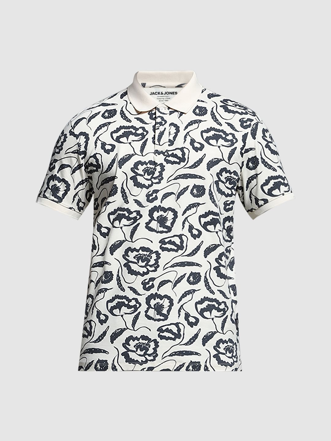 White Abstract Print Cotton Polo
