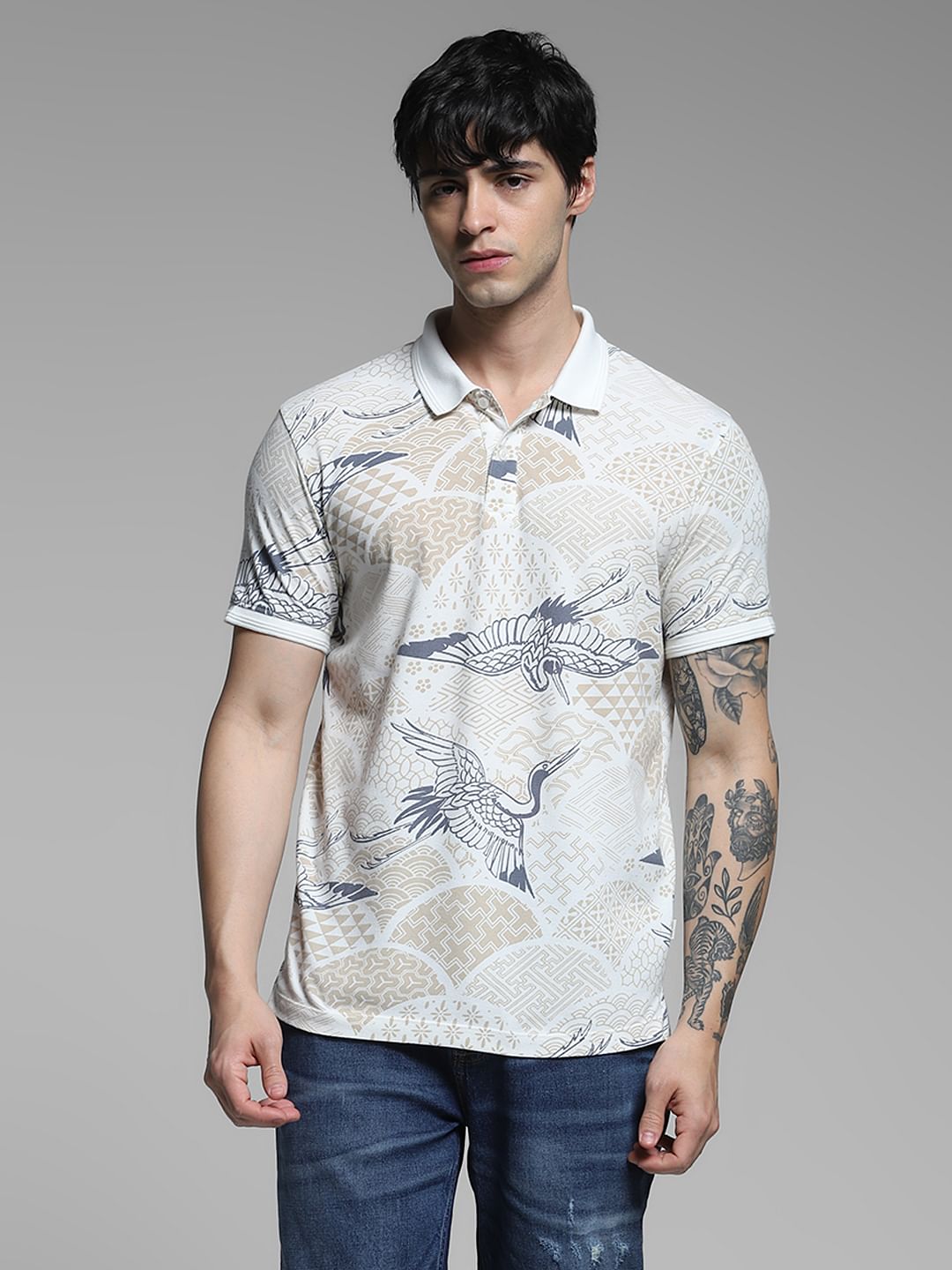 White Printed Cotton Polo