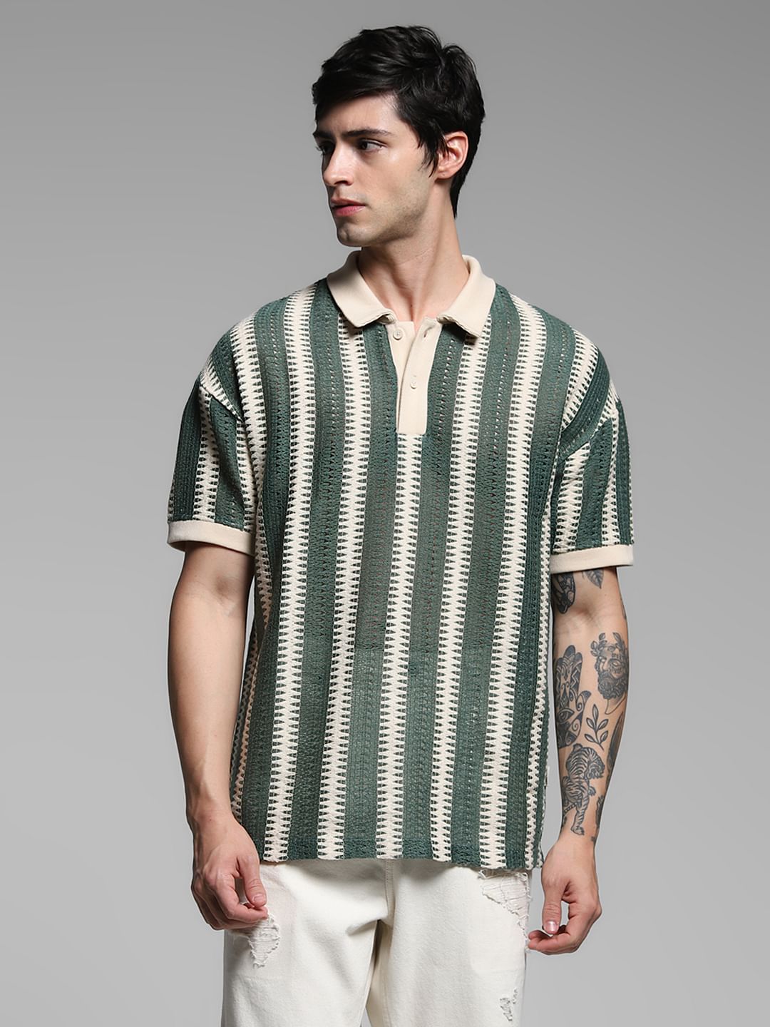 Green Striped Knitted Polo