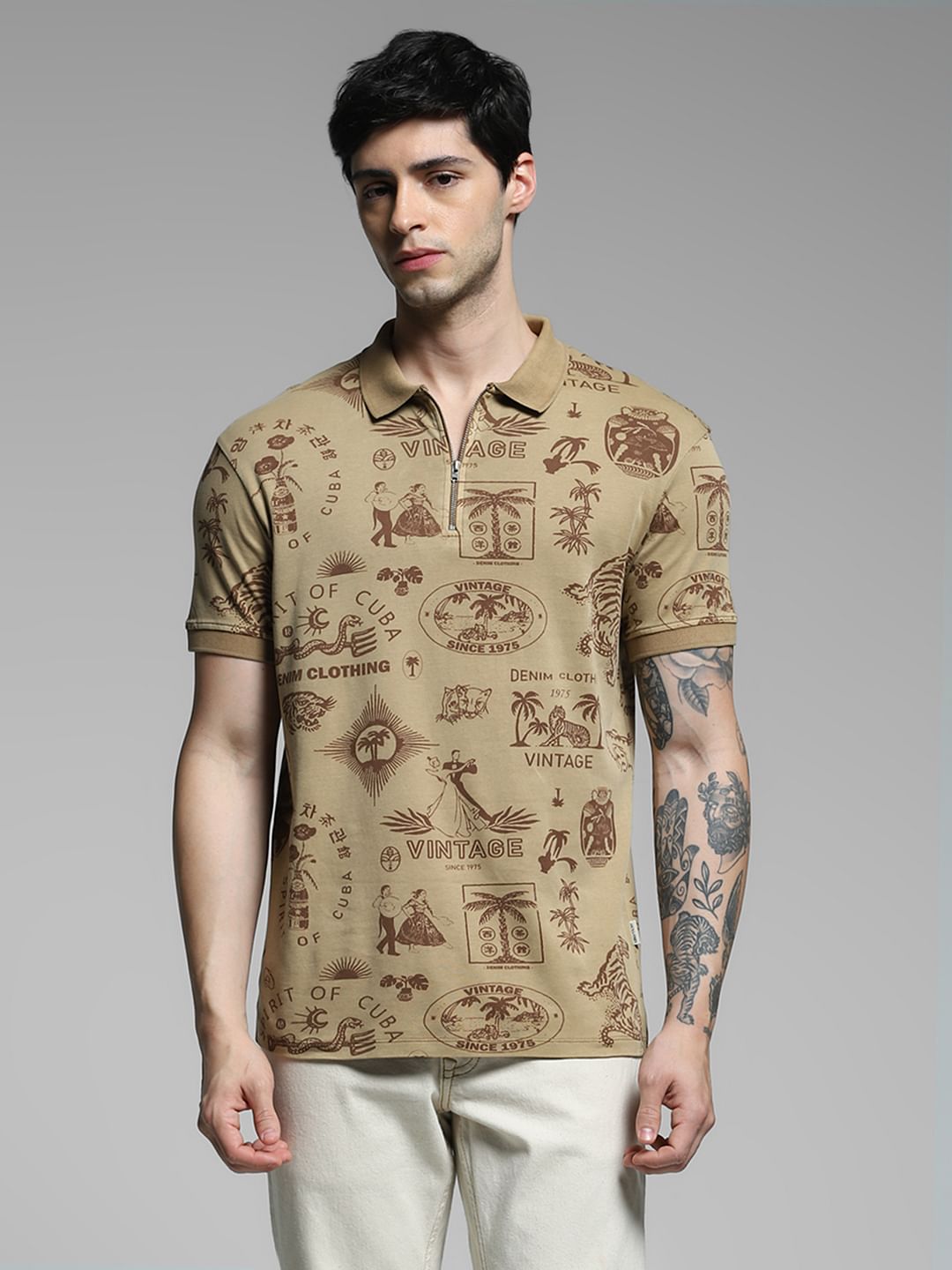 Brown Printed Cotton Polo