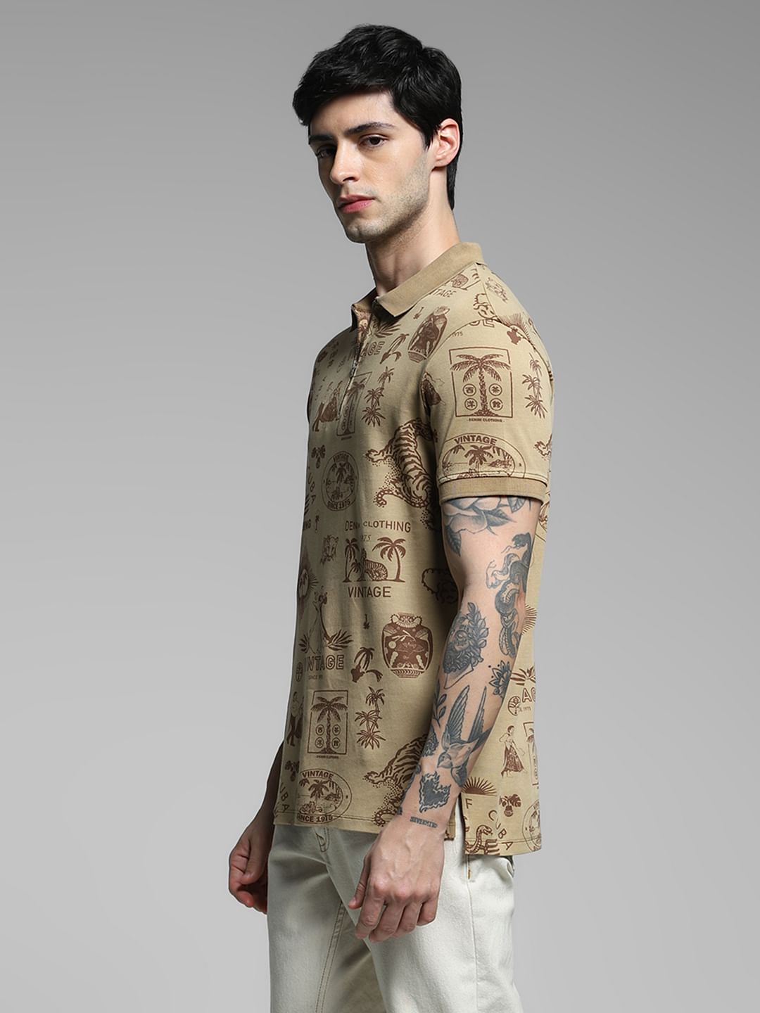 Brown Printed Cotton Polo