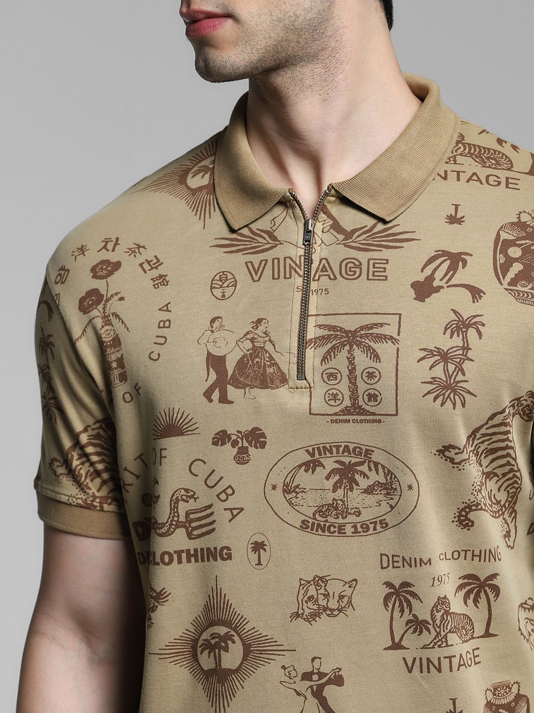 Brown Printed Cotton Polo