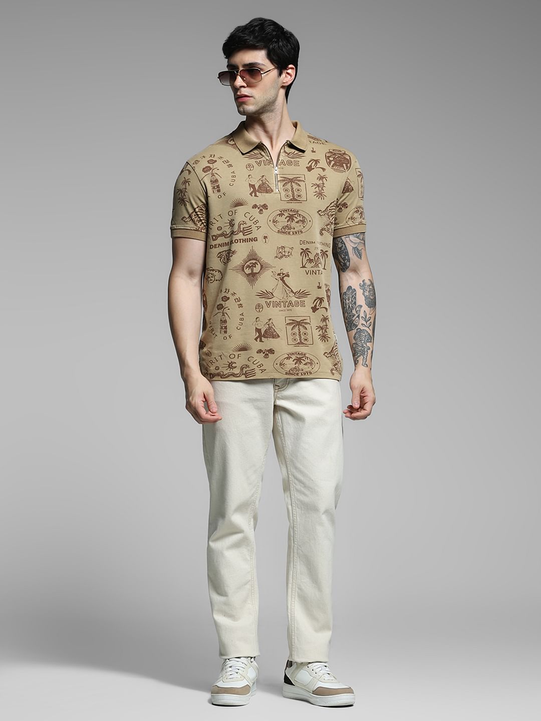 Brown Printed Cotton Polo