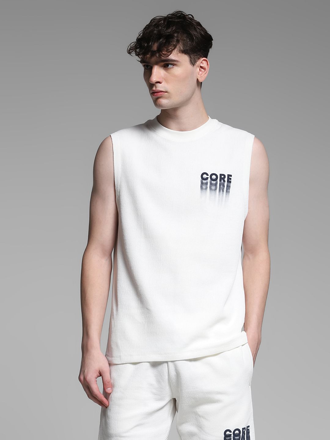 White Printed Co-ord Set T-shirt Vest
