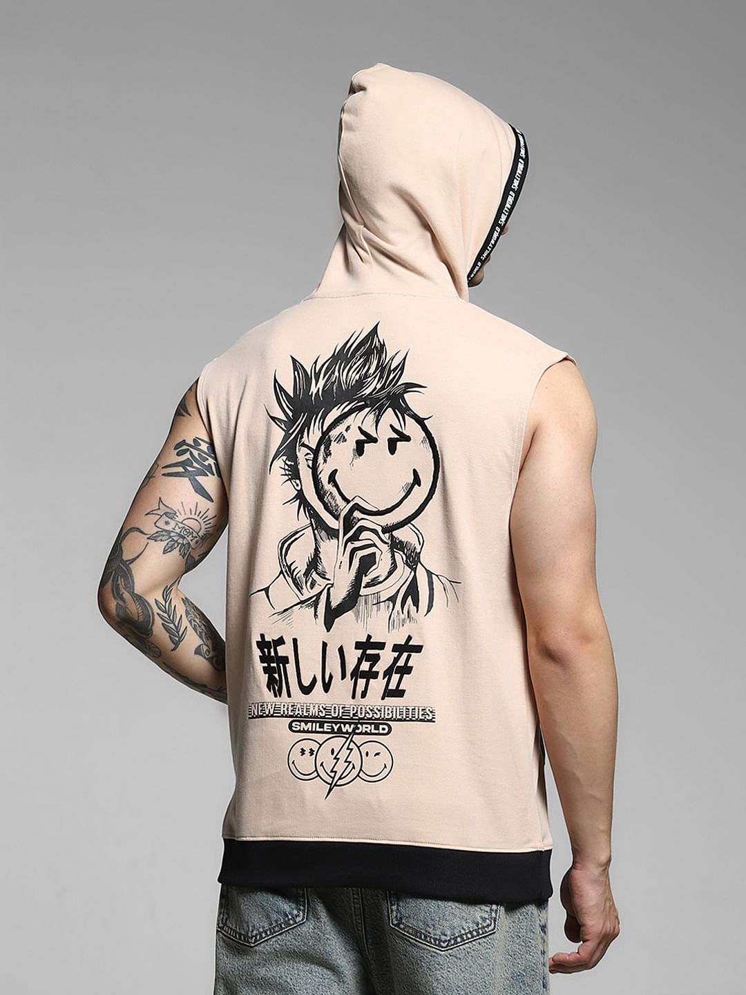 SmileyWorld Beige Printed Hooded T-shirt