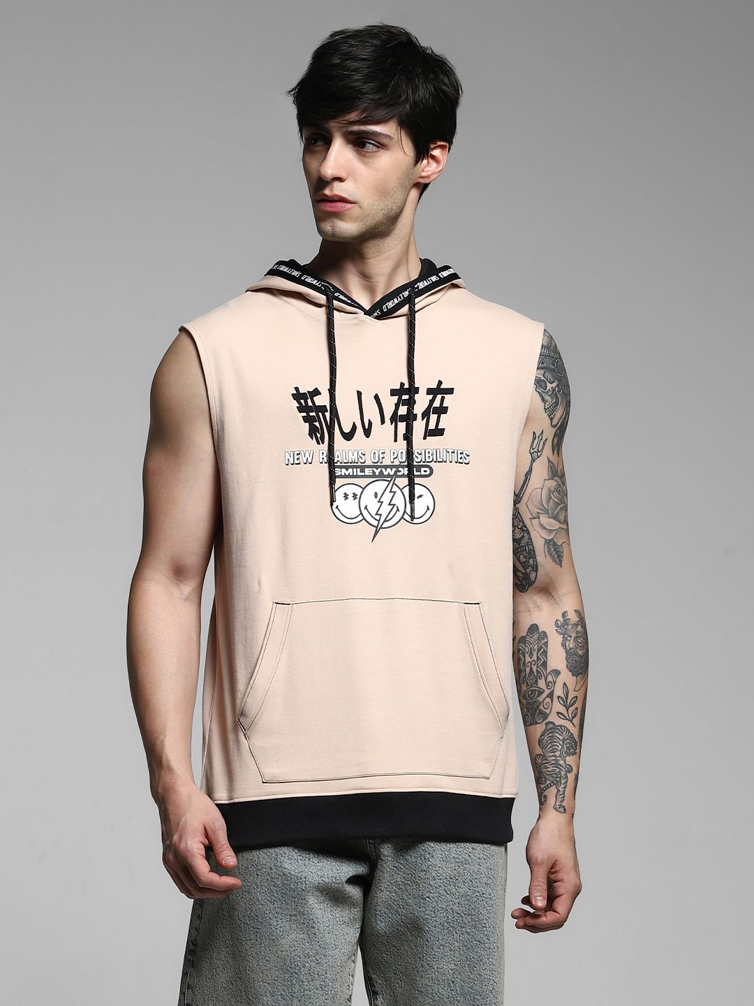 SmileyWorld Beige Printed Hooded T-shirt