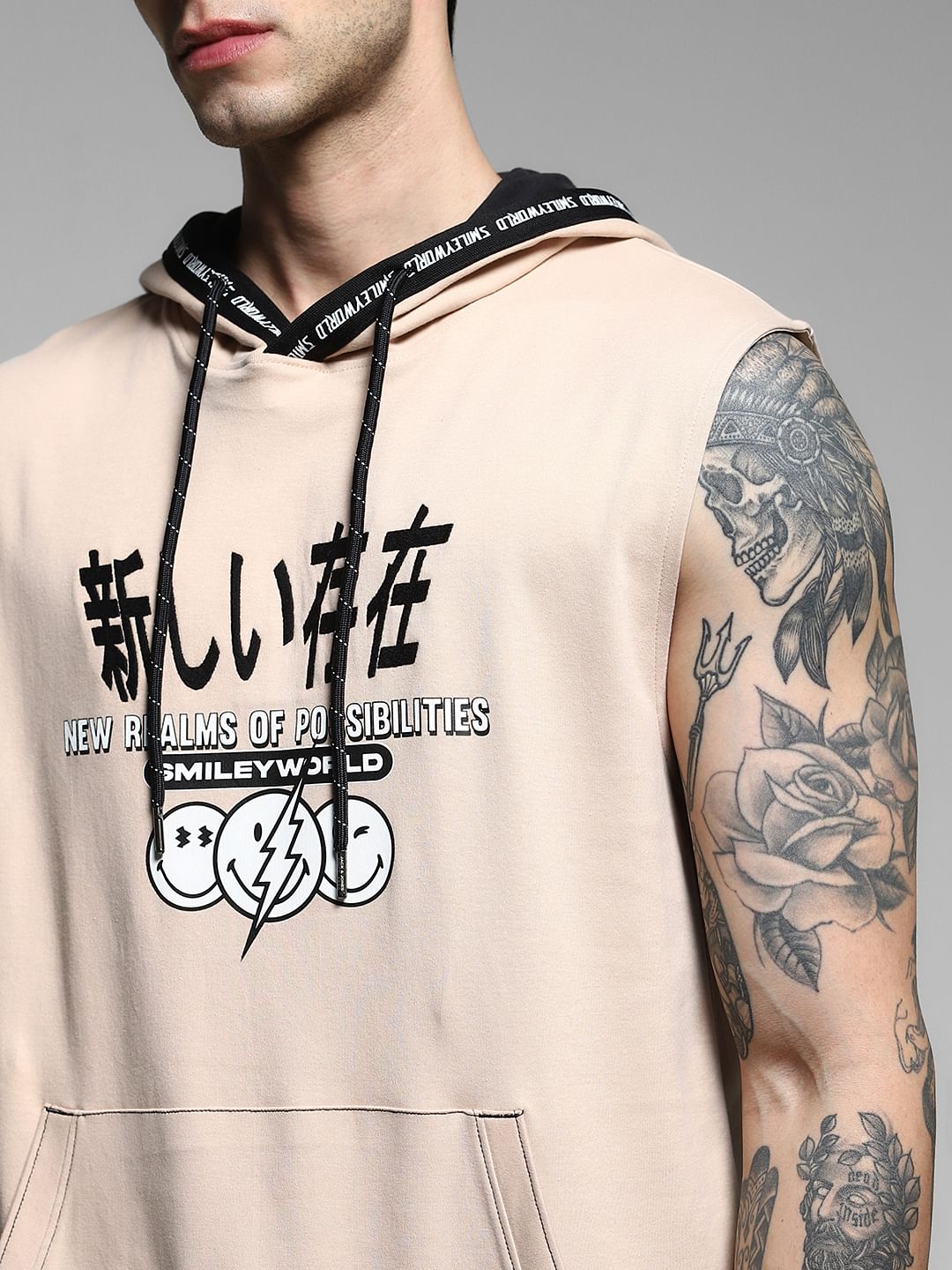 SmileyWorld Beige Printed Hooded T-shirt