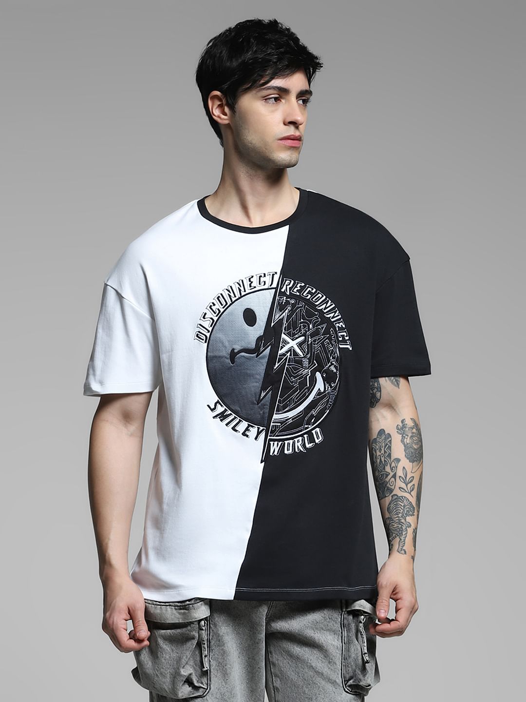 SmileyWorld Black Colourblocked Boxy Fit T-shirt