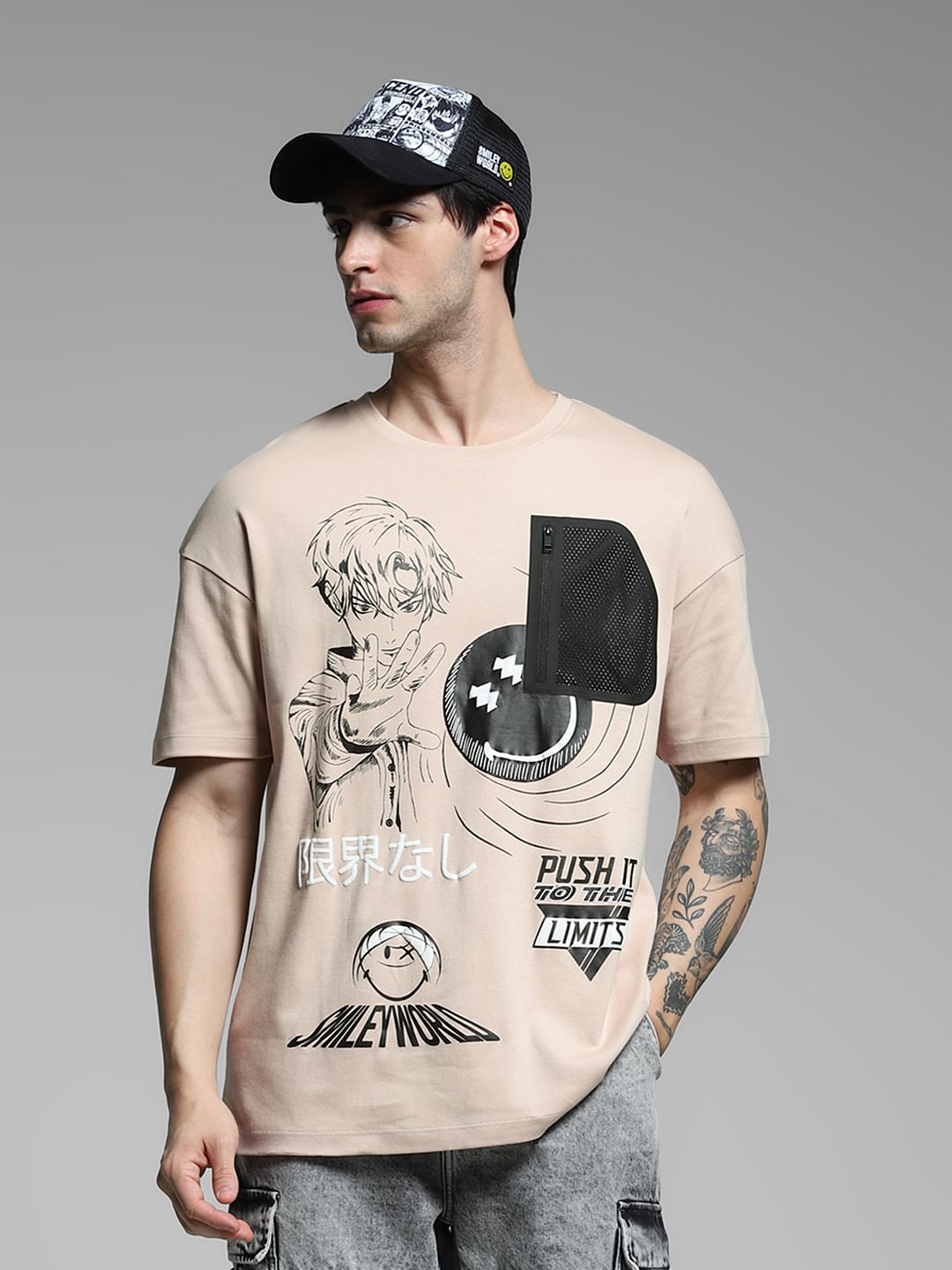 SmileyWorld Beige Printed Boxy Fit T-shirt