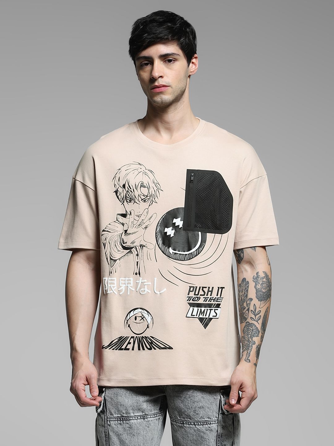SmileyWorld Beige Printed Boxy Fit T-shirt