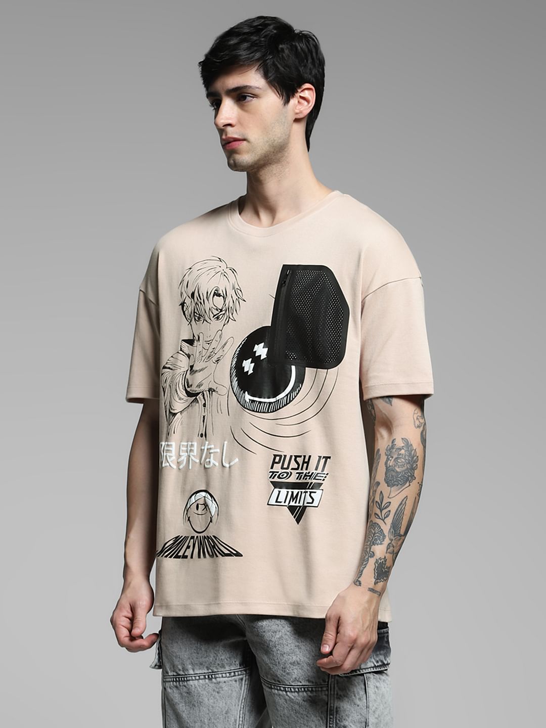 SmileyWorld Beige Printed Boxy Fit T-shirt