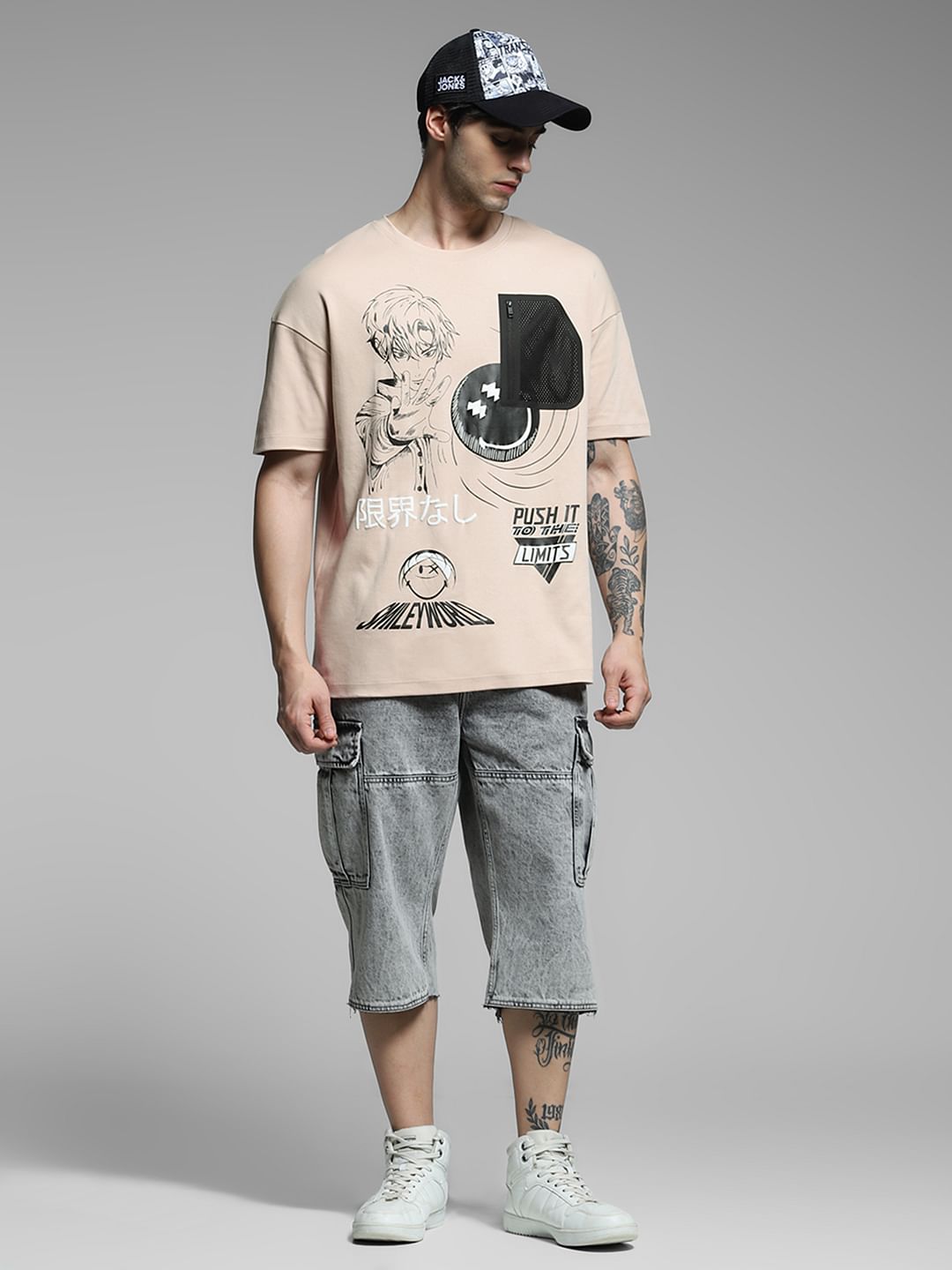 SmileyWorld Beige Printed Boxy Fit T-shirt