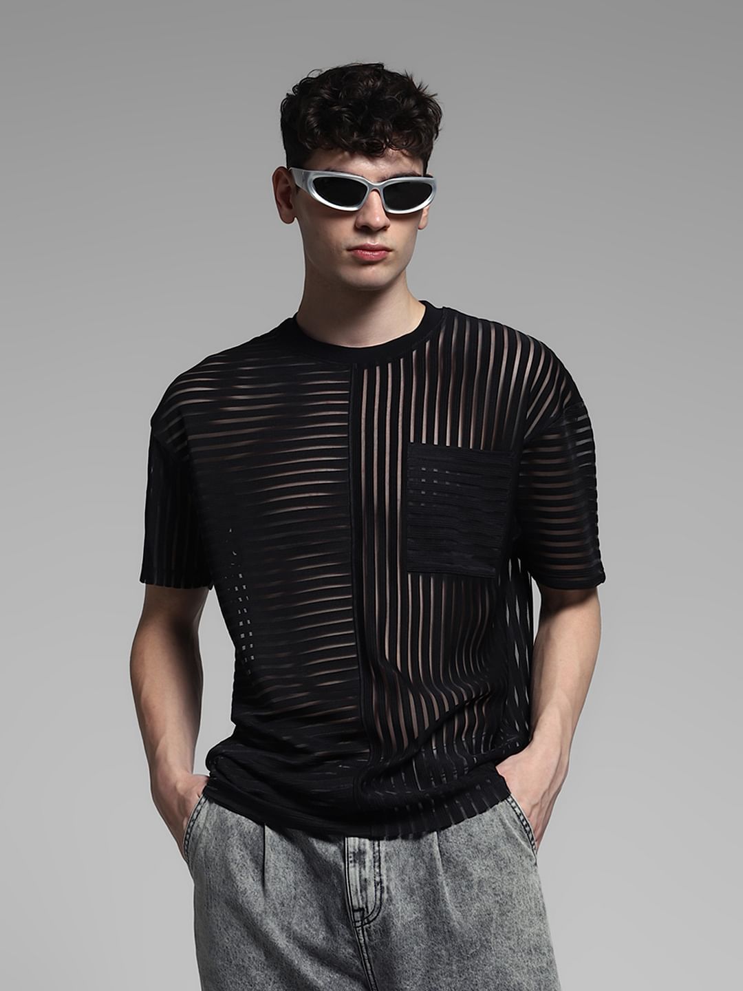 Black Striped Sheer Oversized T-shirt