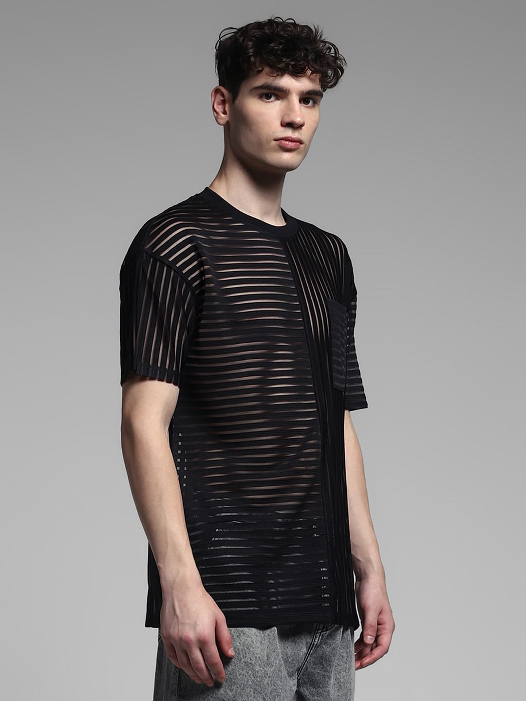 Black Striped Sheer Oversized T-shirt