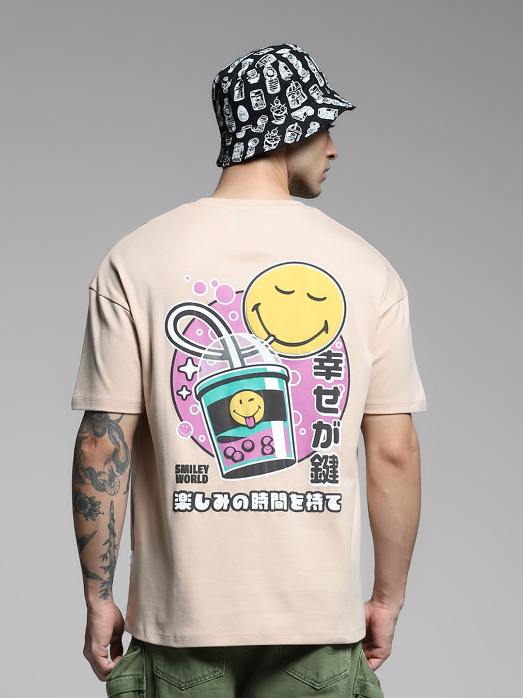 SmileyWorld Beige Printed Boxy Fit T-shirt