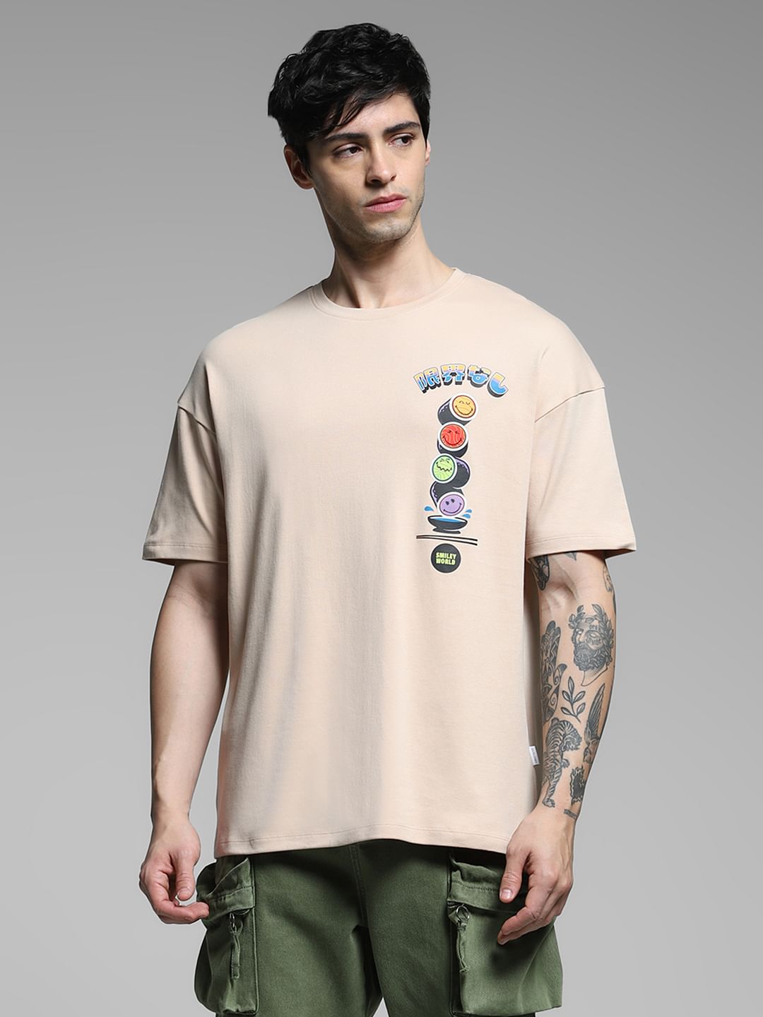 SmileyWorld Beige Printed Boxy Fit T-shirt