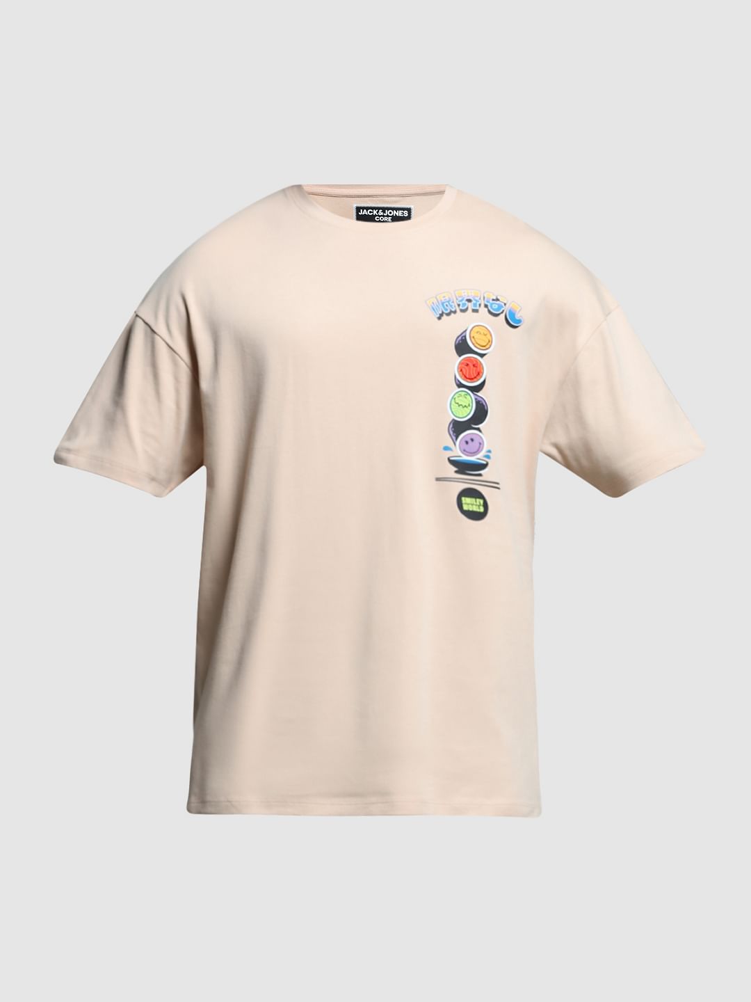 SmileyWorld Beige Printed Boxy Fit T-shirt
