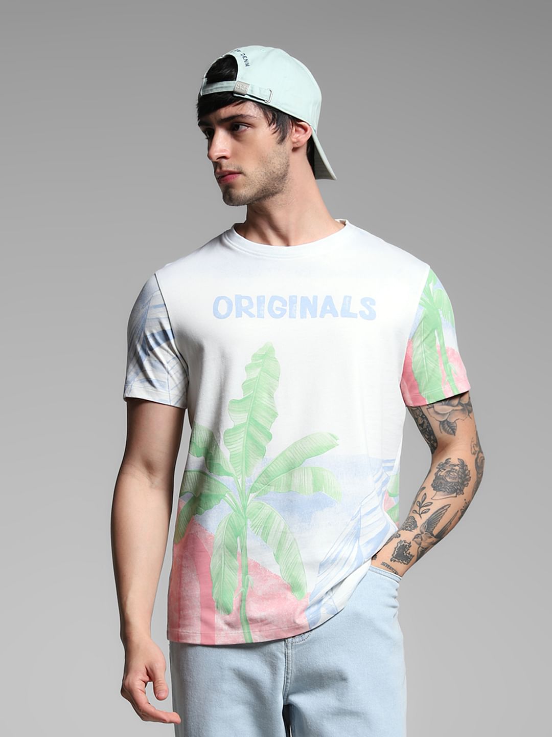 White Tropical Print Cotton T-shirt