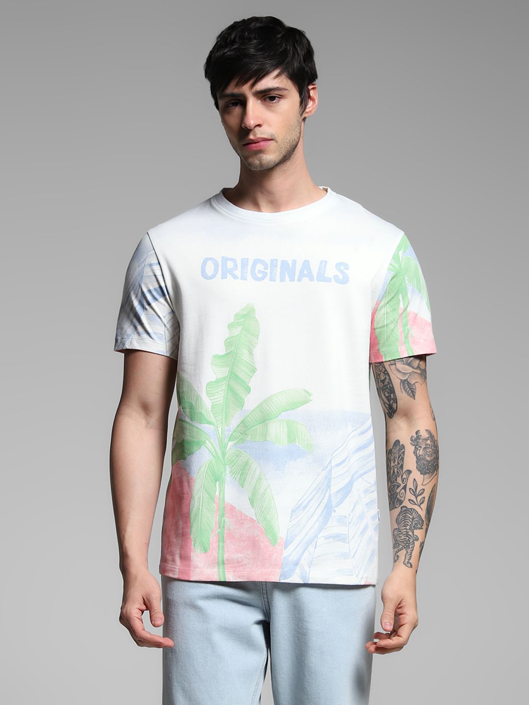 White Tropical Print Cotton T-shirt