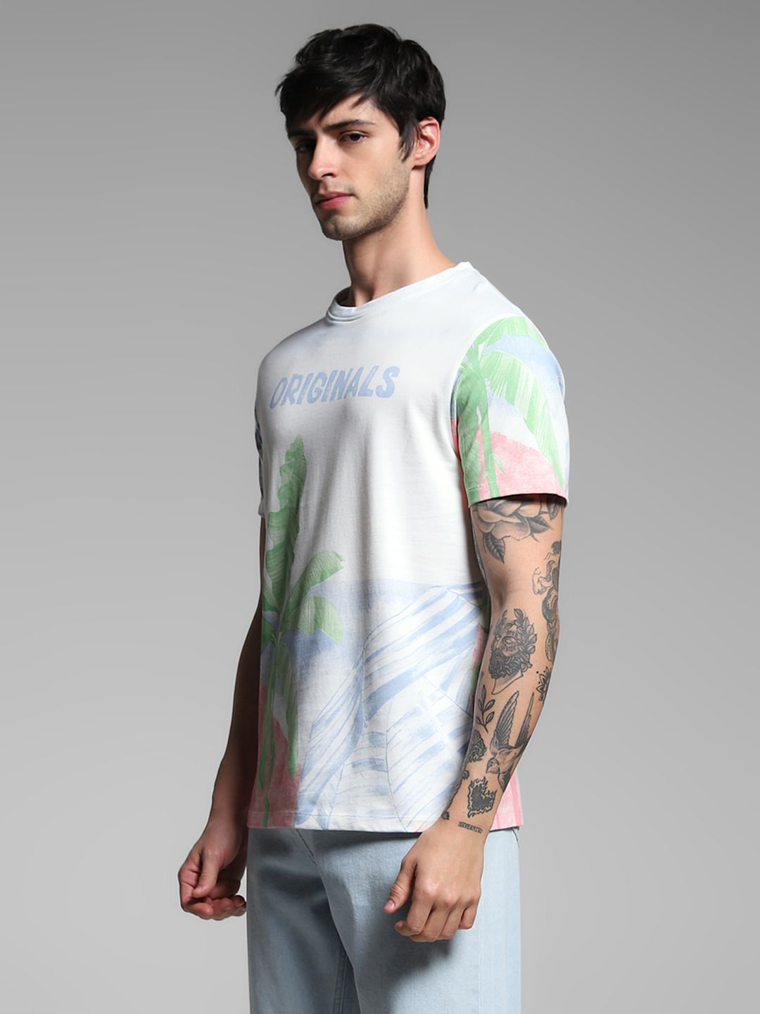 White Tropical Print Cotton T-shirt