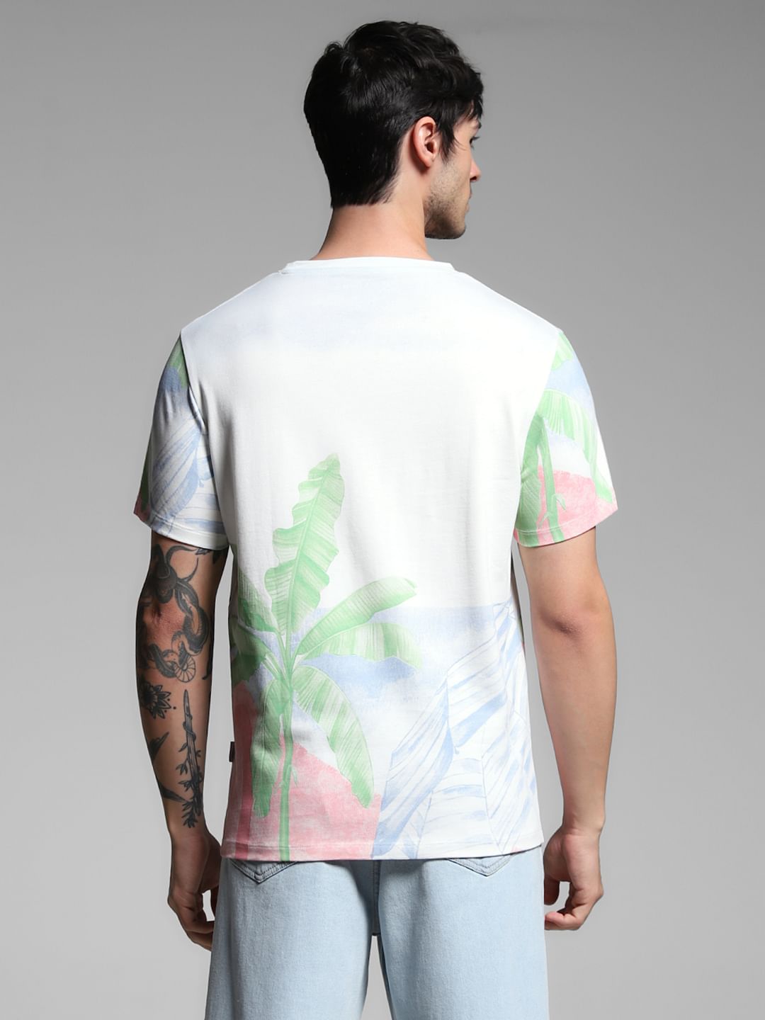 White Tropical Print Cotton T-shirt