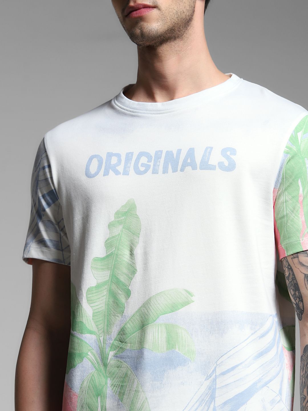 White Tropical Print Cotton T-shirt