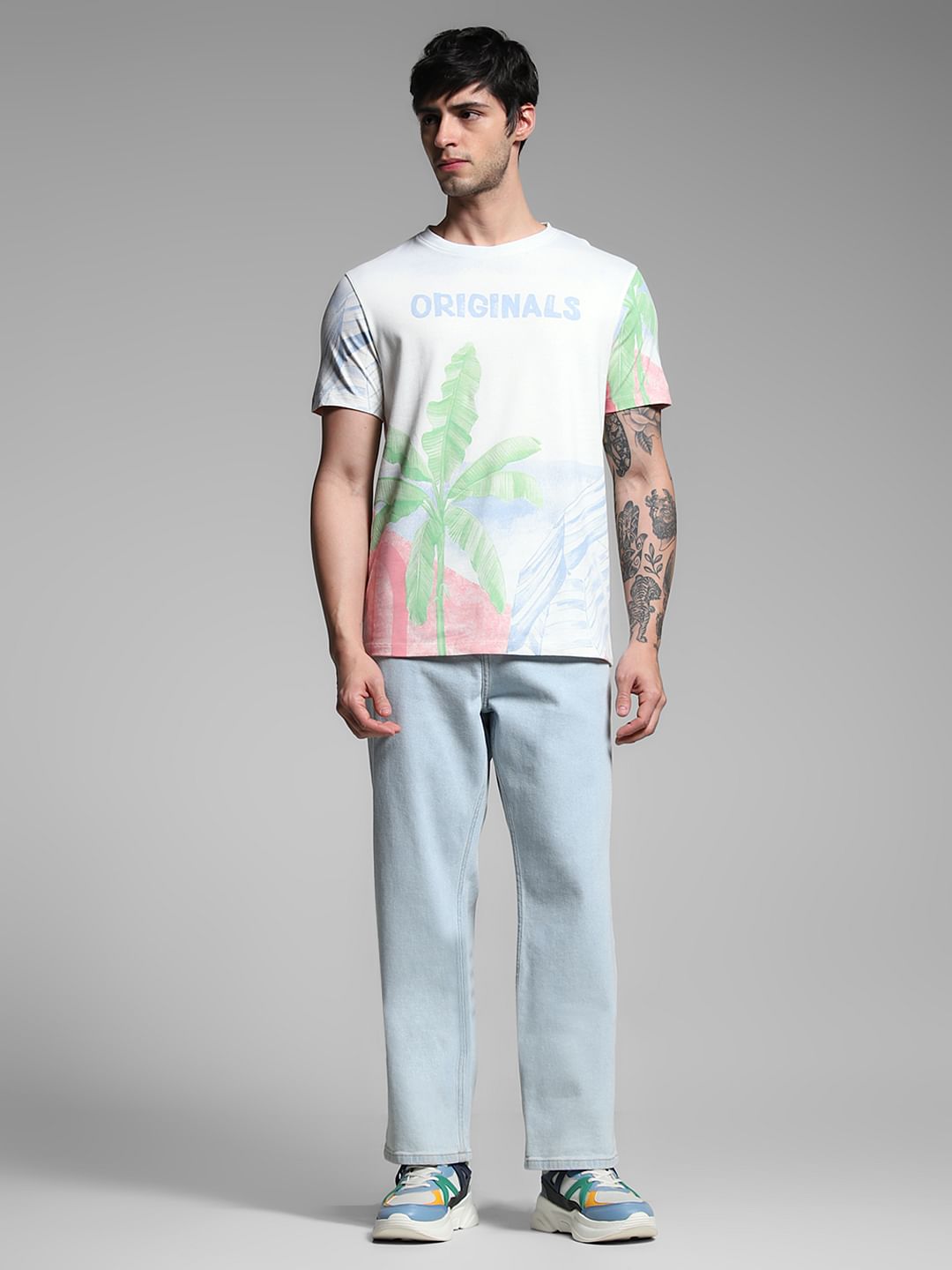 White Tropical Print Cotton T-shirt