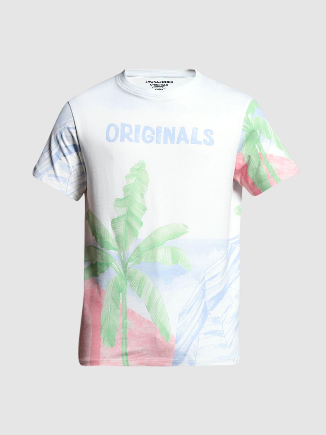 White Tropical Print Cotton T-shirt