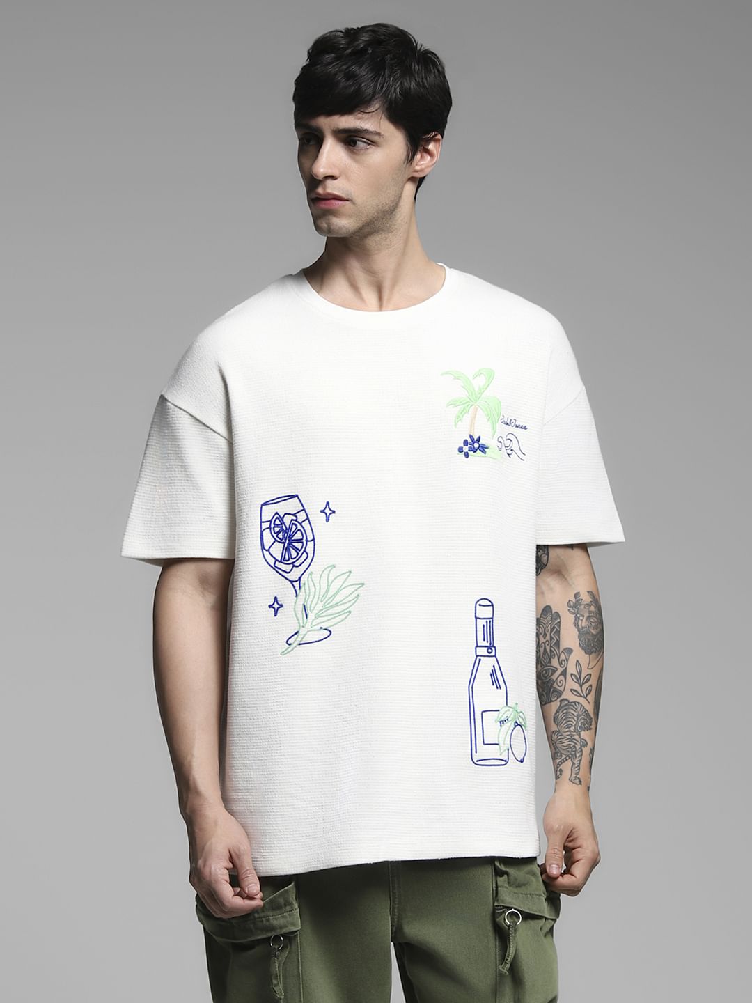White Embroidered Print Oversized T-shirt