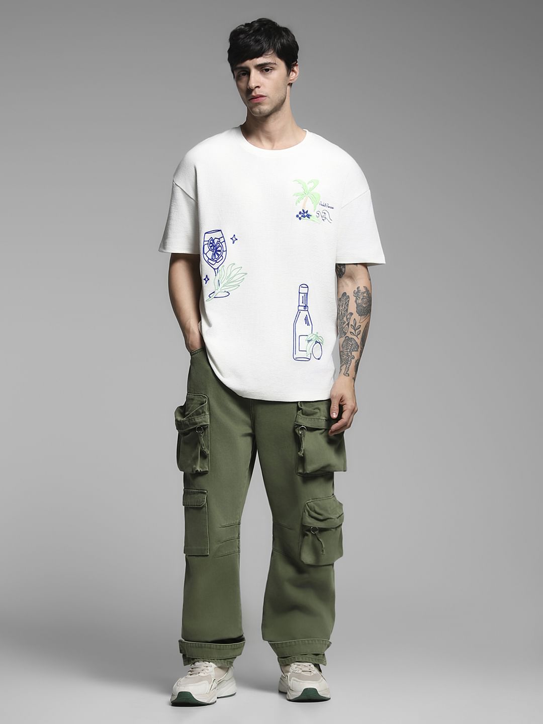 White Embroidered Print Oversized T-shirt