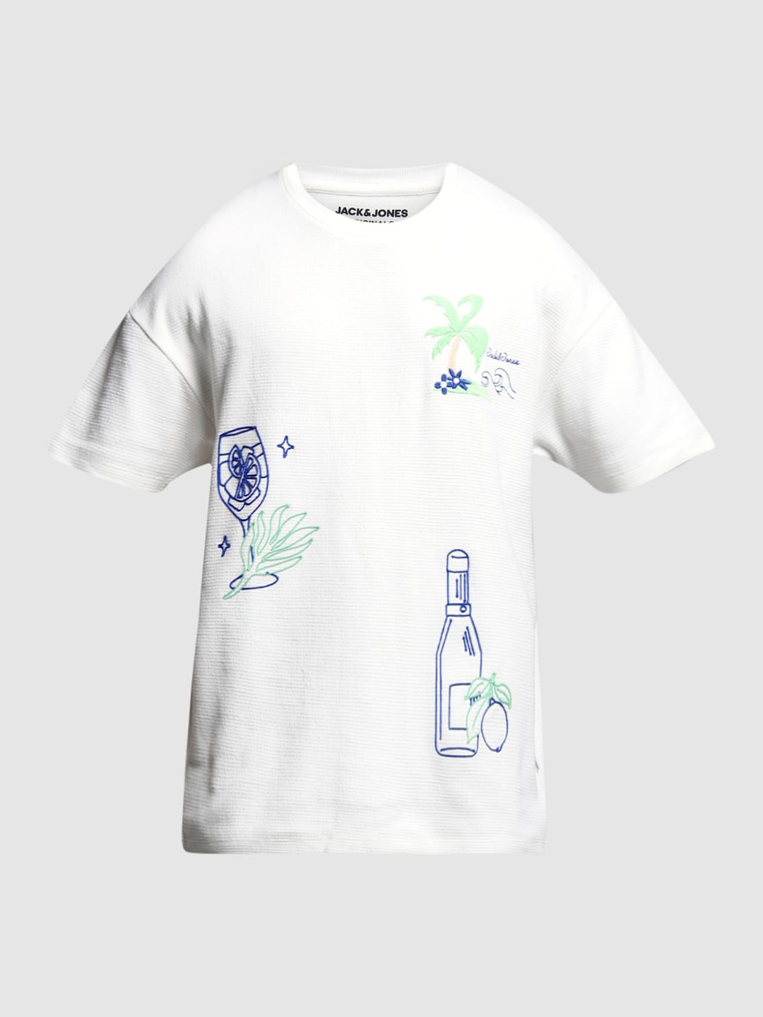 White Embroidered Print Oversized T-shirt