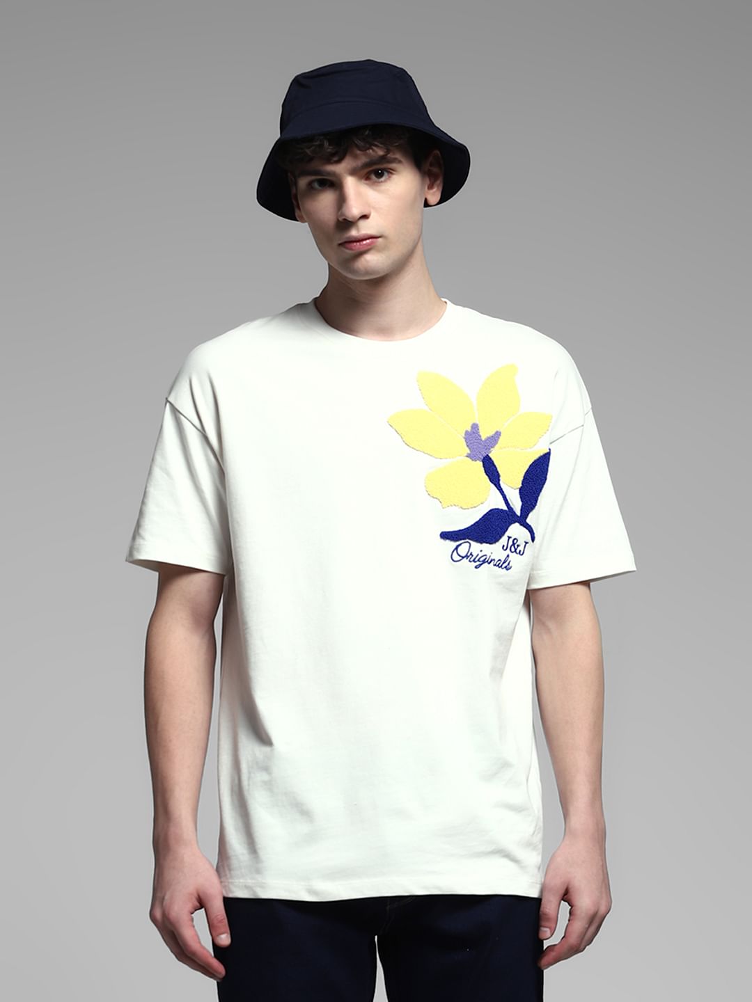 White Embroidered Print Cotton T-Shirt