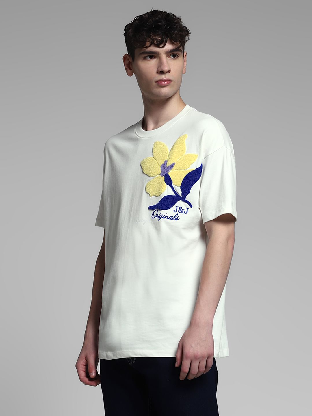 White Embroidered Print Cotton T-Shirt