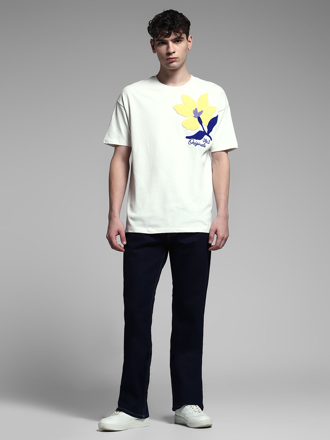 White Embroidered Print Cotton T-Shirt