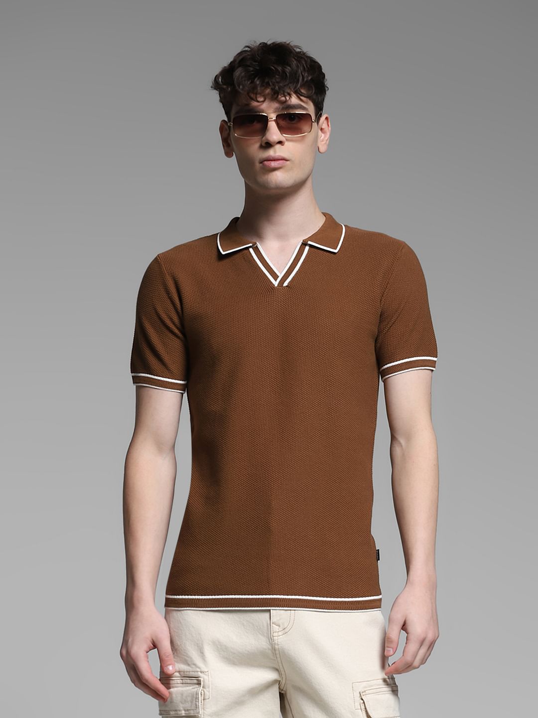 Brown Flat Knit Contrast Tipping Polo