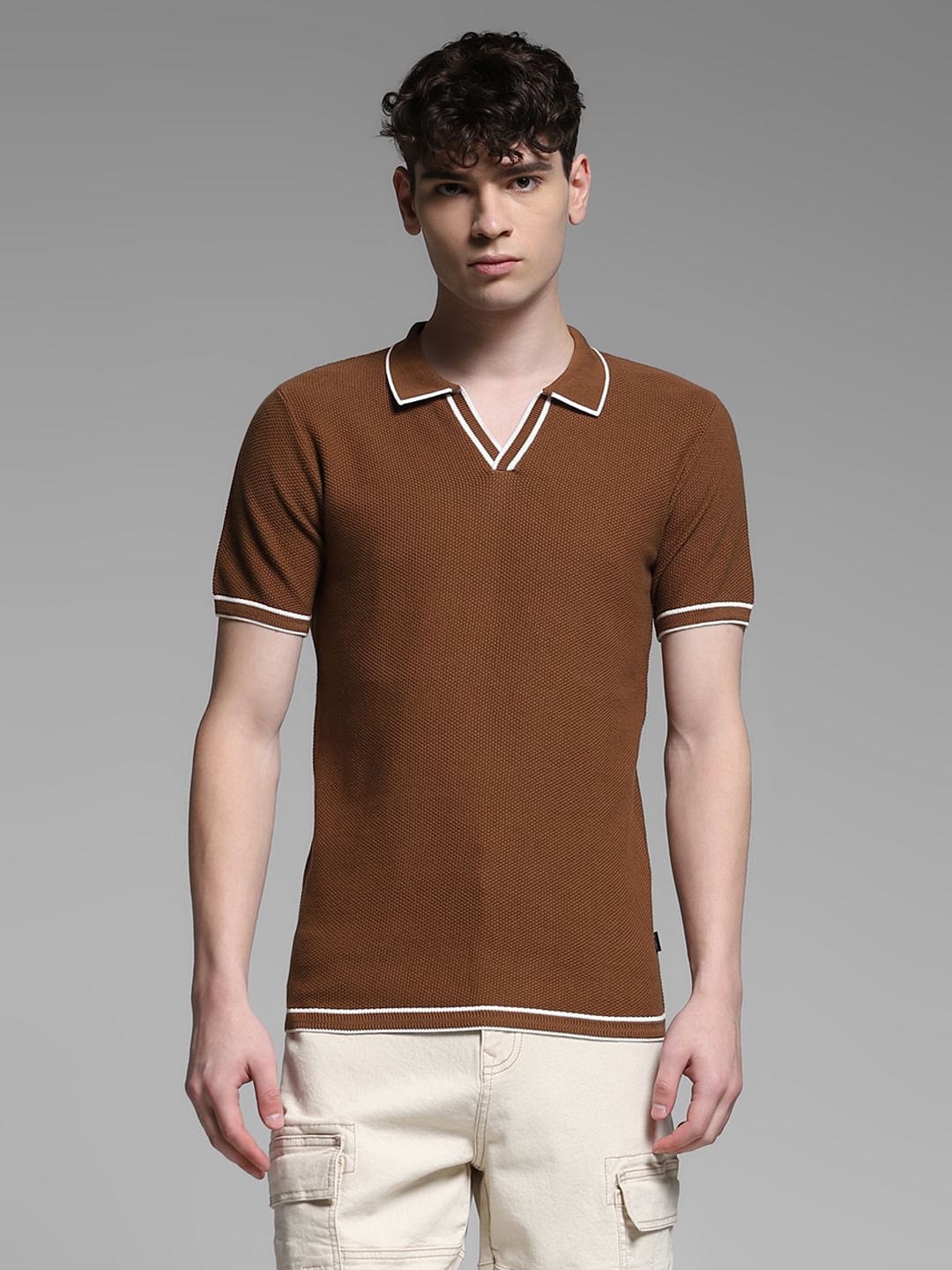 Brown Flat Knit Contrast Tipping Polo