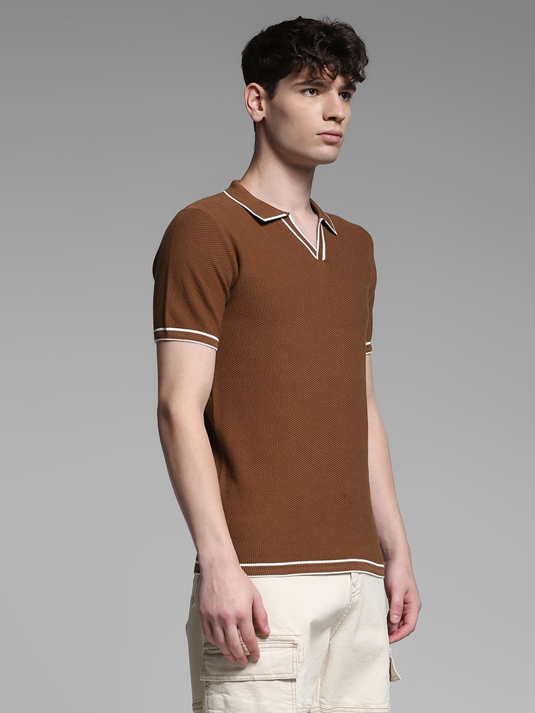 Brown Flat Knit Contrast Tipping Polo