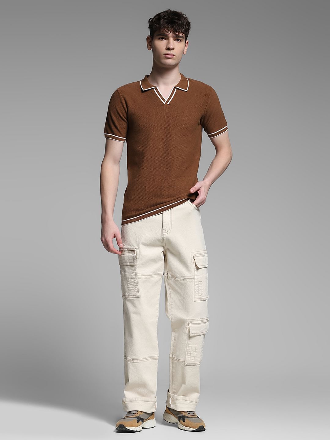 Brown Flat Knit Contrast Tipping Polo