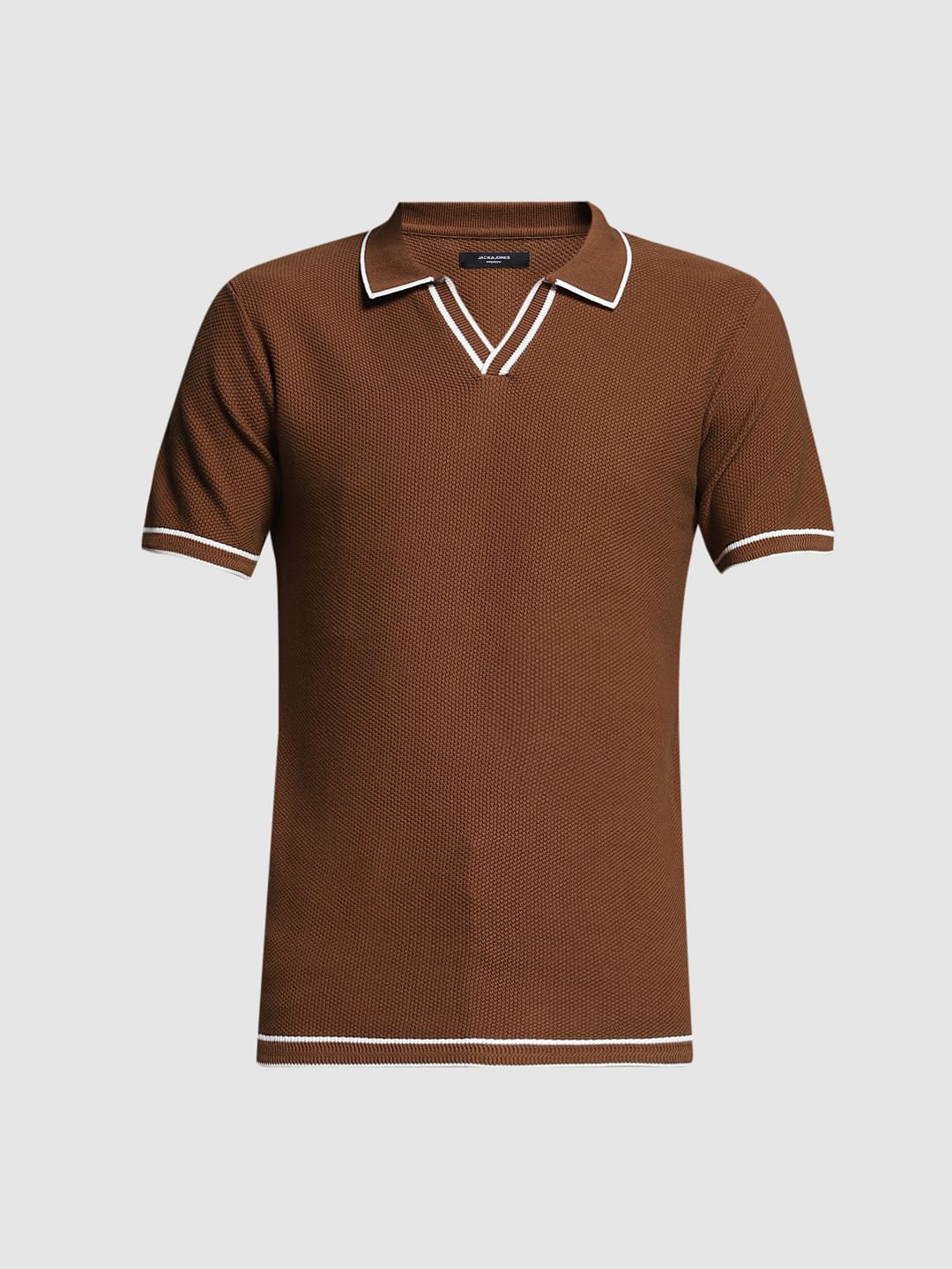 Brown Flat Knit Contrast Tipping Polo