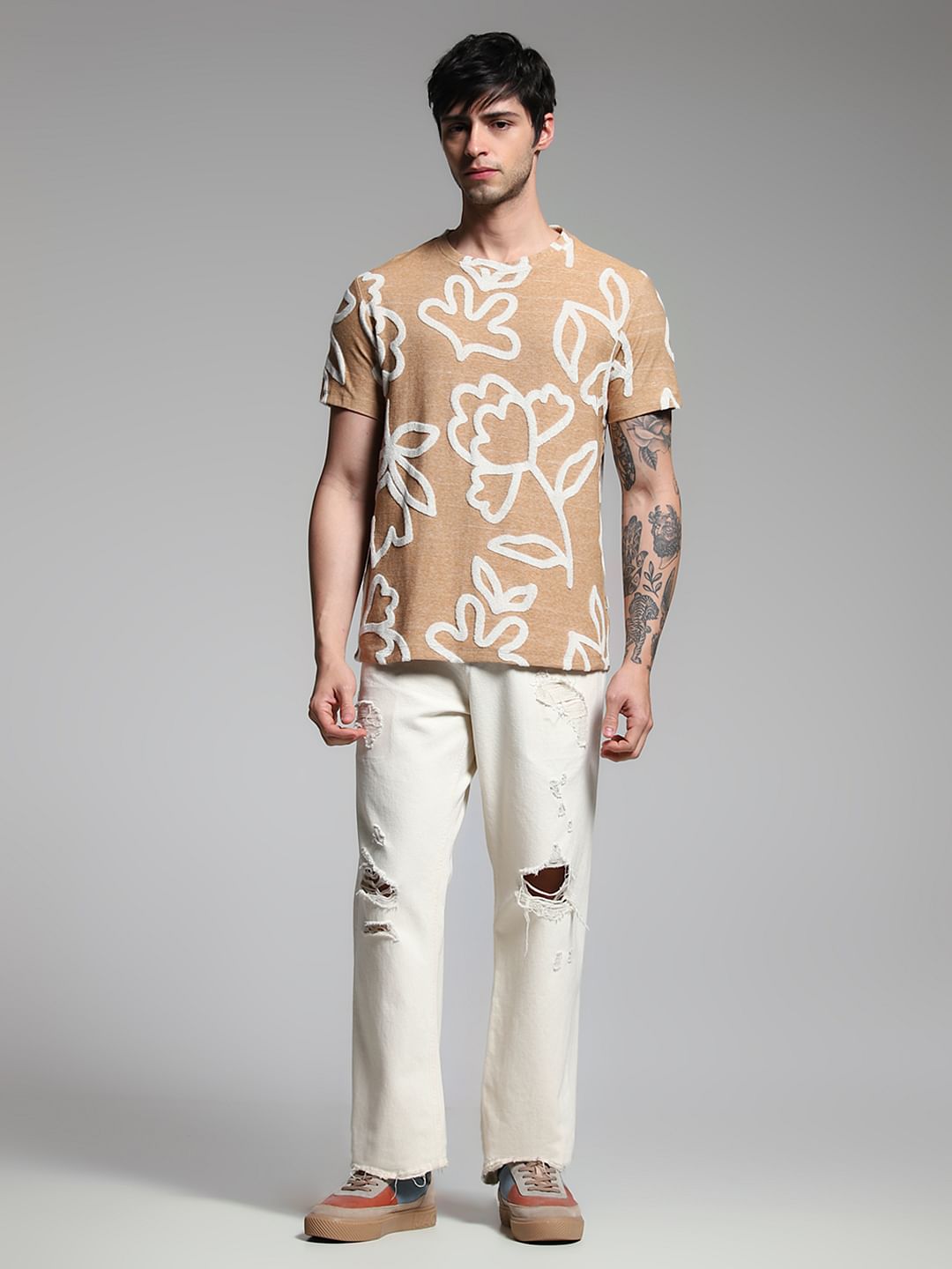 Brown Jacquard Printed Cotton T-shirt
