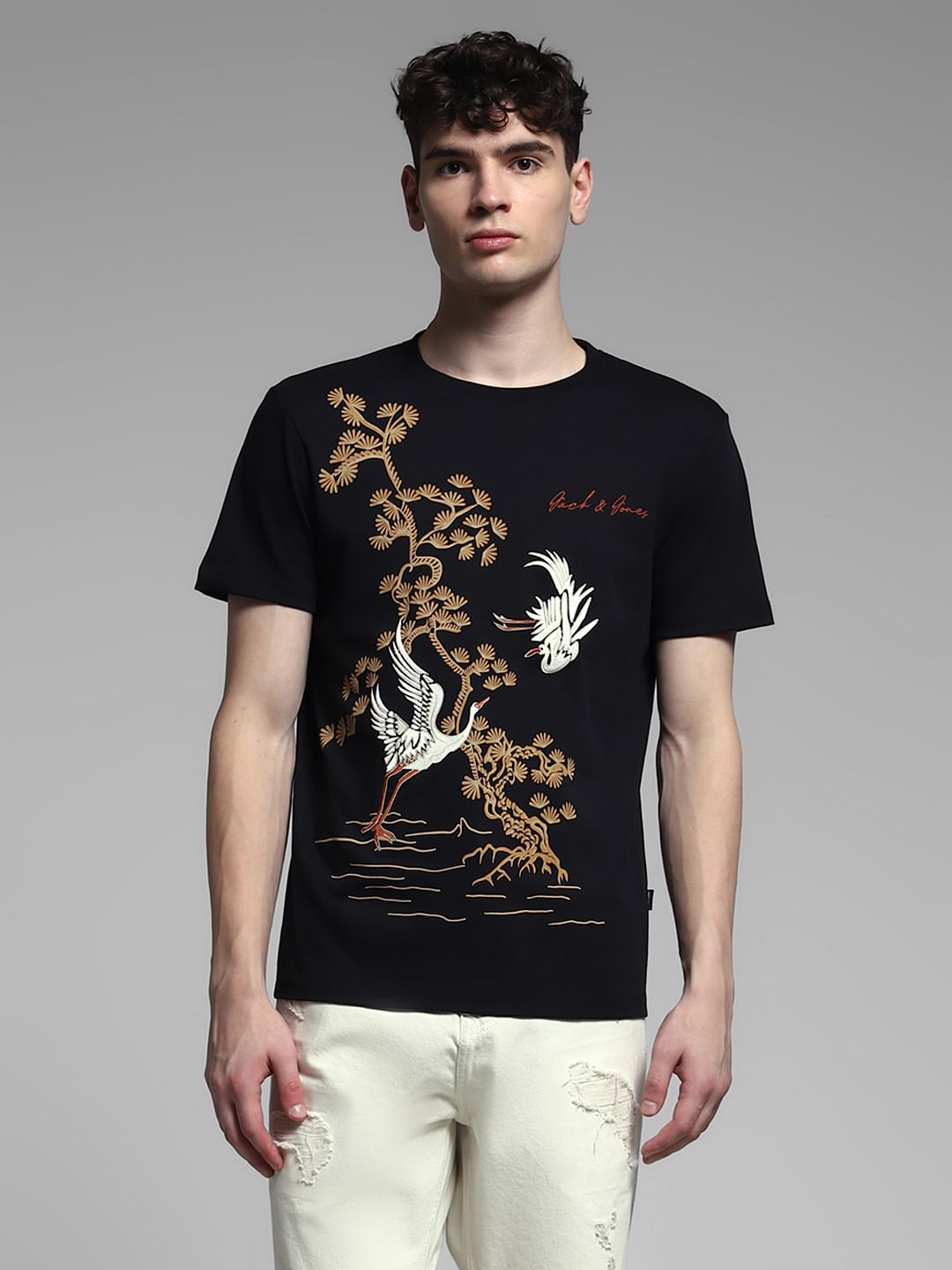 Black Embroidered Graphic T-shirt