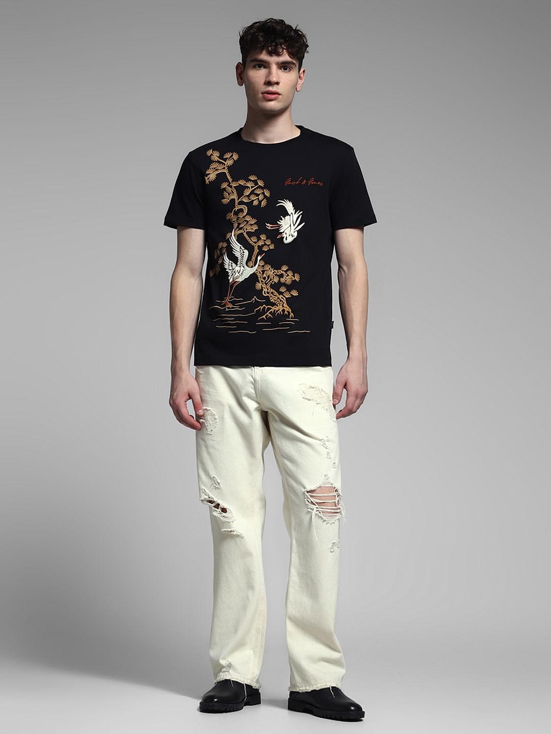 Black Embroidered Graphic T-shirt