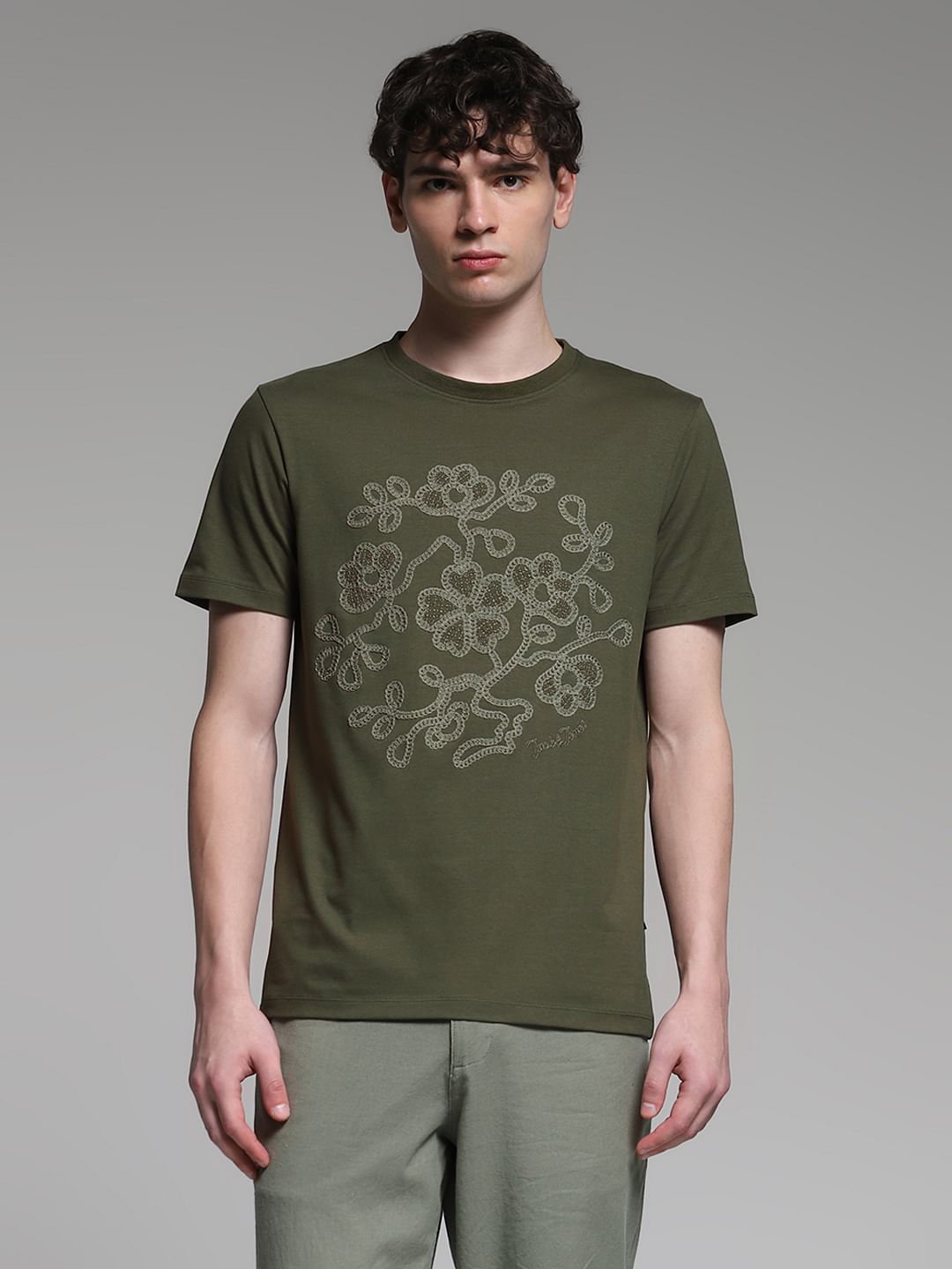 Olive Embroidered Print Cotton T-shirt