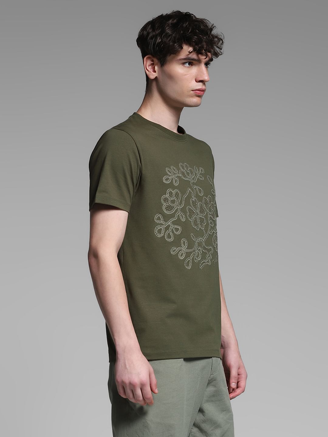 Olive Embroidered Print Cotton T-shirt