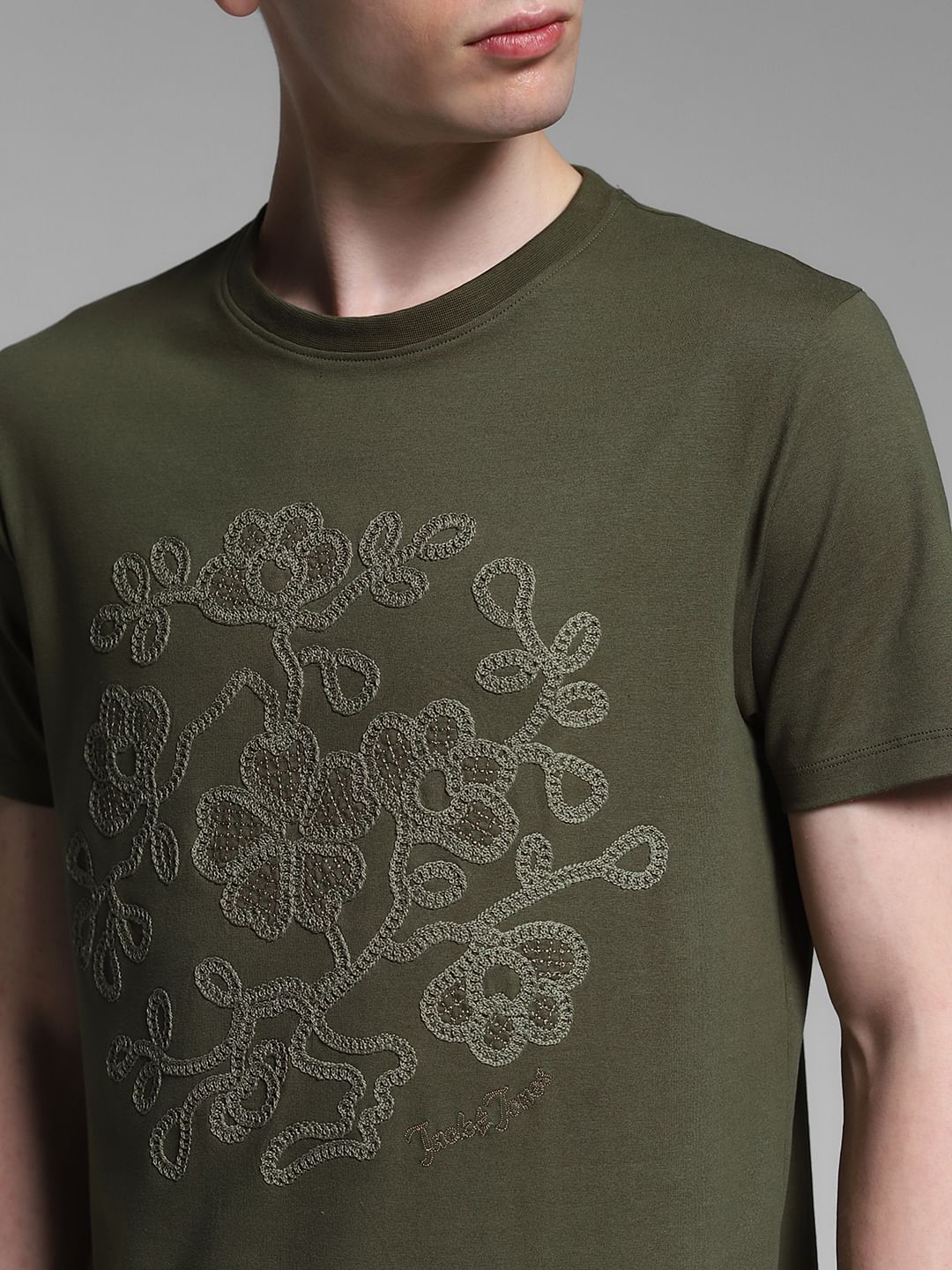 Olive Embroidered Print Cotton T-shirt