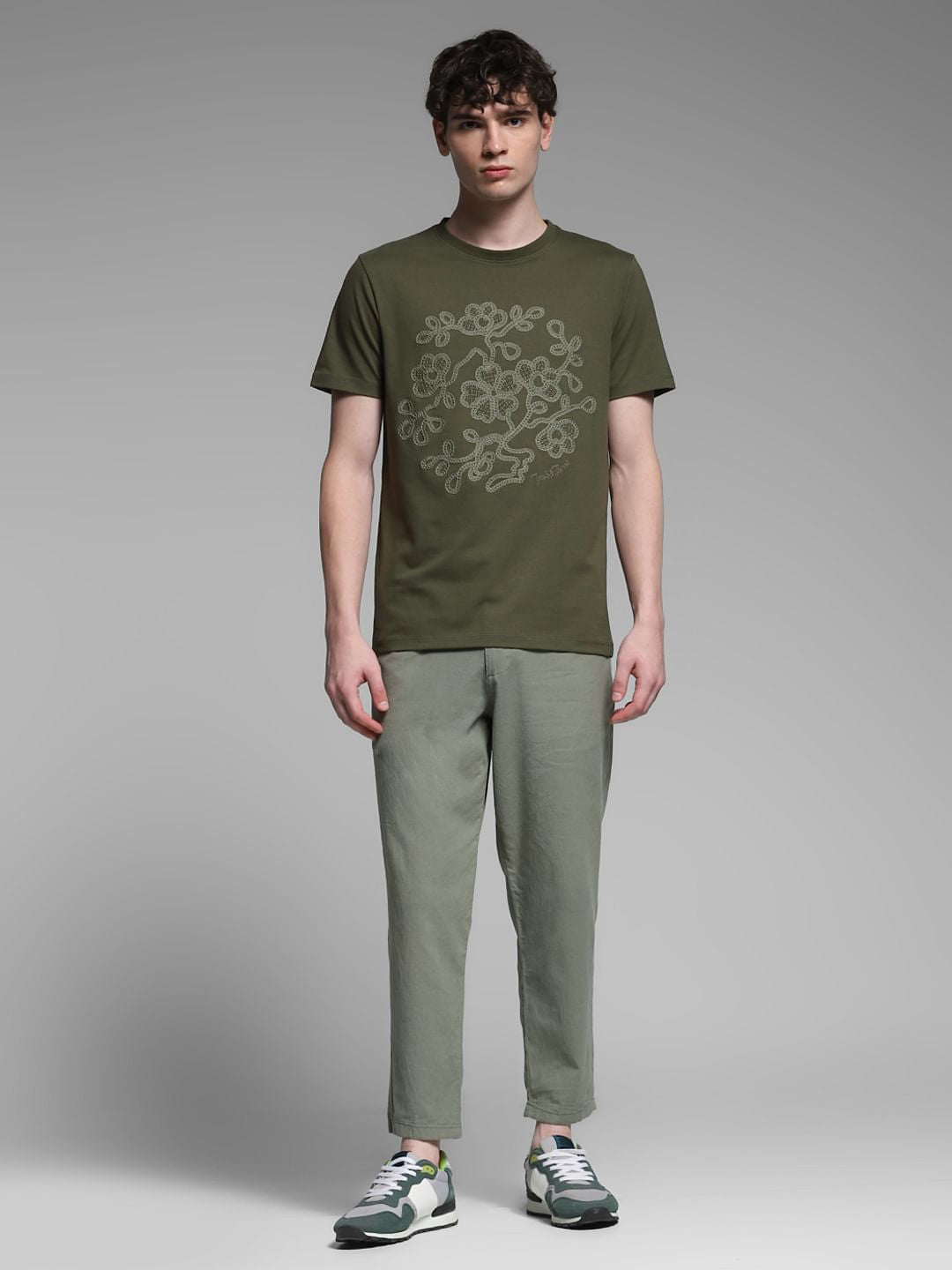 Olive Embroidered Print Cotton T-shirt