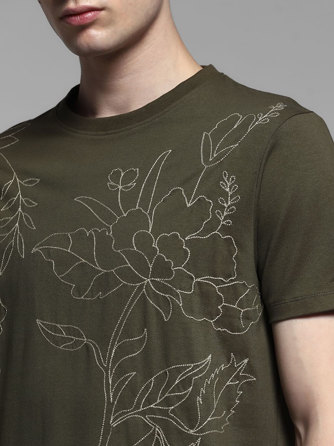 Olive Embroidered Print Cotton T-shirt