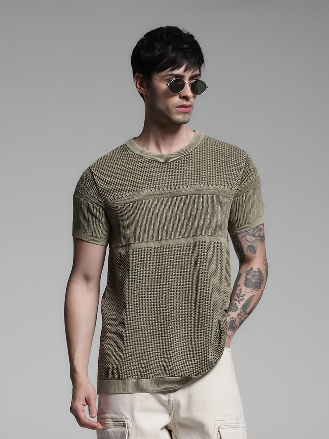 Green Jacquard Crew Neck Pullover